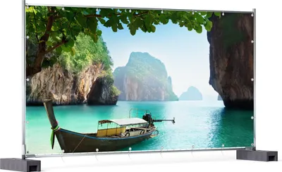 Produktbild von Wallario XXL Outdoor-Poster für Garten oder Balkon, Motiv Fischerboot in Thailand  blaues Meer und Steinfelsen, in ca. 340 x 173 cm