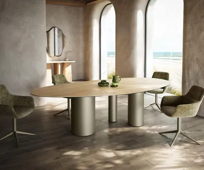 Produktbild von DELIFE Esstisch Edge Oval 280x130 Keramik Laminam® Sabbia Eichefarbig Troa Metall Effektfinish Titan