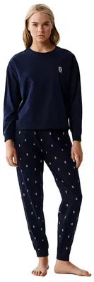Produktbild von Schlafanzug Damen Atlantic regulär dunkelblau mit Print aus 100% Baumwolle M