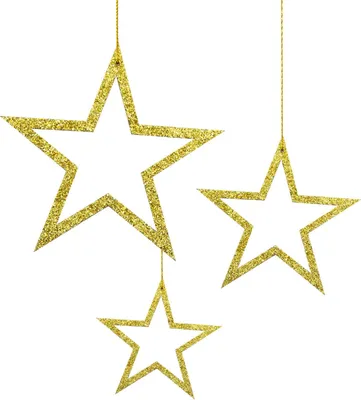 Three glittery gold star ornaments hanging on strings against a white background.