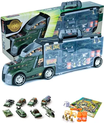 Image de Transporteur pour trains jouets avec lanceur - Camion avec transporteur, 8 voitures, plateforme et accessoires