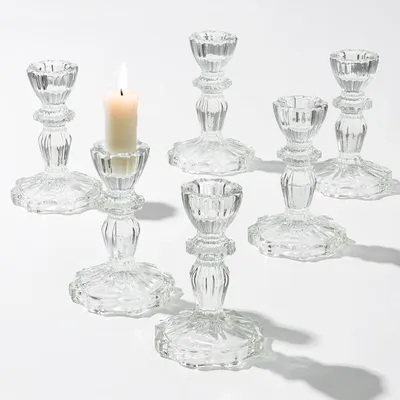 Produktbild von Vintage Glas-Kerzenhalter - Set von 6 klaren Kristall-Kerzenhaltern - für Hochzeiten oder Wohnkultur