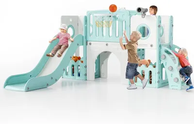 Zdjęcie produktu dla Zjeżdżalnia dla dzieci 9 w 1 - zjeżdżalnia i konstrukcja do wspinaczki - plac zabaw do użytku wewnątrz i na zewnątrz - kosz do koszykówki i teleskop - dla dzieci w wieku 3–6 lat - kolor zielono-biały
