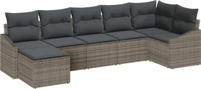 Image de Salon de jardin modulaire 7 places, canapé d'angle en polyrotin gris, coussins amovibles, table basse réglable, résistant aux UV et intempéries