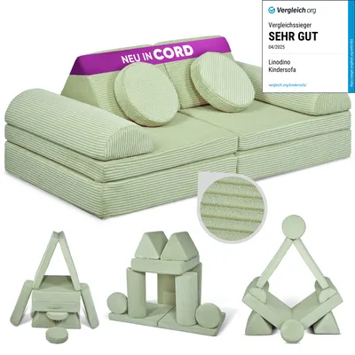 Produktbild von Linodino Spielsofa Cord - Kindersofa | Kinder Couch als Kuschelecke und Fantasiewelt | Kinder Sofa aus Schaumstoff Bausteinen I Avocado Grün