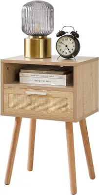 Produktbild von Famanu Nachttisch Boho Beistelltisch mit Schublade und offenem Fach, Holz-Akzent, für Schlafzimmer und Wohnzimmer, natürlich