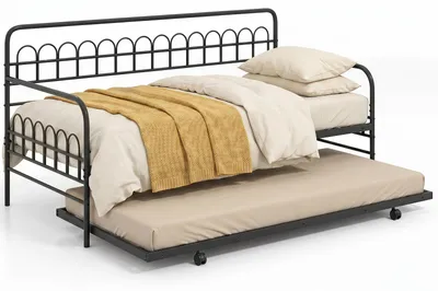 Produktbild von COSTWAY Bettgestell 90x200cm, Tagesbett mit Ausziehbett, Armlehnen & Lattenrost, Sofabett Gästebett ohne Matratze, Einzelbett & Doppelbett Schwarz