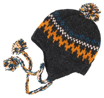 Produktbild von Wollmütze mit Ohrenklappen, Norwegermütze, Wintermütze, Bommelmütze - Anthrazit, Uni, Grau, Wolle, Mützen, Hüte