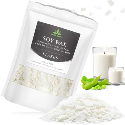 Productafbeelding van Sojawasvlokken voor het maken van kaarsen, verkrijgbaar in verpakkingen van 1,8 kg, 10 kg, 15 kg. 100% natuurlijk