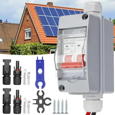 Obrázek produktu pro Odpojovač DC pro fotovoltaickou elektrárnu, jistič pro fotovoltaické DC rozvody, fotovoltaický odpojovač, automatický jistič, 2pólový, 32 A, 500 V, s kabelem 260 mm, vodotěsné pouzdro IP65,