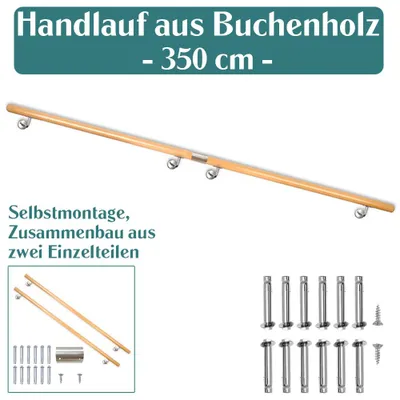 Produktbild von Buche Holz Handlauf Treppengeländer Geländer für Treppe Wandhandlauf Wand seitliche Montage Auswahl Länge 50 - 500 cm, Länge:350 cm