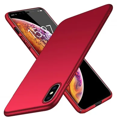 A red iPhone XS Max case is shown from a diagonal angle, with the phone partially visible inside.