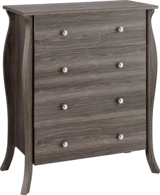 A four-drawer chest of drawers with a gray wood grain finish and silver knobs, shown against a white background.