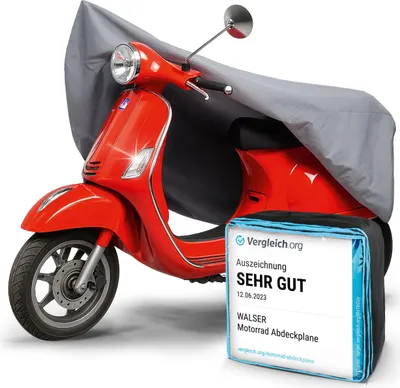 A red scooter covered by a gray protective cover, with a product information card in the foreground.
