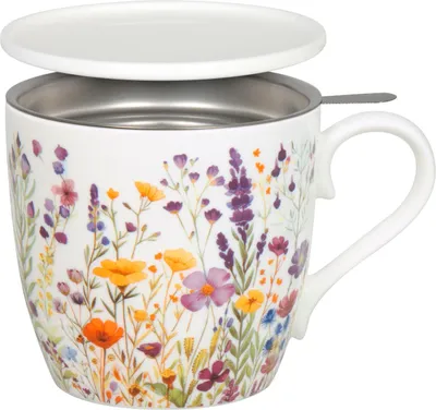 Produktbild von KÖNITZ 115S572954 Becher Blumenwiese 425 ml mit Sieb und Deckel, Bone China Porzellan