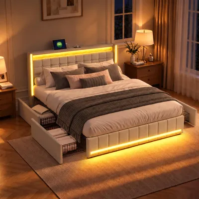 Produktbild von Stauraumbett 140x190cm, Bett mit Stauraum, 4 Schubladen, Polsterbett mit LED und USB, Doppelbett Bettgestell mit Lattenrost, Jugendbett, Leinen, Beige