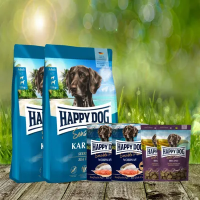 Produktbild von Happy Dog Sensible Karibik 2 x 11 kg + Happy Dog Soft Snack Ireland 2 x 100 g + Happy Dog Sensible Pure Norway 2 + 400 g