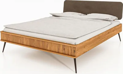 Produktbild von Bett Tula 2 aus Wildeiche massiv 140x200 cm mit Polsterkopfteil und Metallbeinen