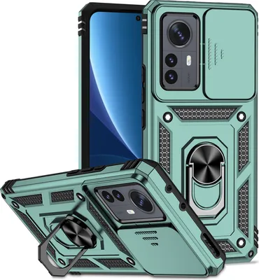 Image de Etui pour Xiaomi 12 Pro étui double couche avec cache caméra coulissant et anneau de support vert