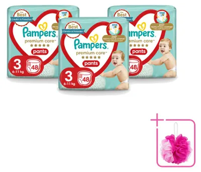 Zdjęcie produktu dla 3 sztuki pieluchomajtki Pampers Premium Care, rozmiar 3 (6–11 kg) – opakowanie ekonomiczne