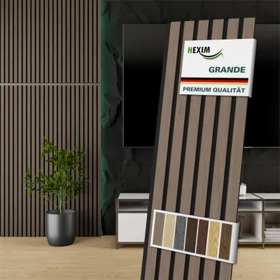 Produktbild von HEXIM Akustikpaneele 140x30cm Holz Grande - Wandpaneele Platten Lamellen Holzpaneele Echtholzfurnier 21mm Filz Schalldämmung MDF Braun (0,42m² American Walnut)