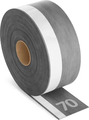 A roll of gray tape with a white stripe and the number 70 printed on it.