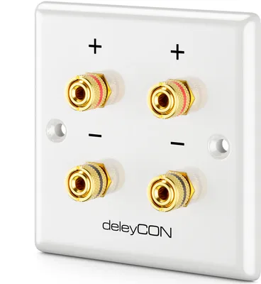Produktbild von deleyCON Multimedia Lautsprecher Boxen Wanddose Anschlussdose Wandplatte mit Bananenstecker-Buchsen für 2 Lautsprecher (Rot / Schwarz) - Hi-Fi Surround Sound System Heimkino