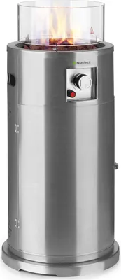 Produktbild von blumfeldt Lavastone -Heizstrahler Terrasse, Gasheizstrahler mit 30.000 BTU / 8,8 kW, Terrassen-Heizstrahler, 360° FireView: Brennerzylinder aus Temperglas, elektronische Zündung, silber