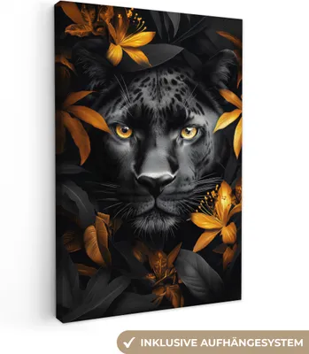 Produktbild von Leinwandbilder 80x120 cm - Tiere, Blumen - Panther - Gold, Bilder Wohnzimmer Modern, Wanddeko