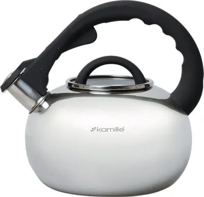 A stainless steel whistling kettle with a black handle, shown from a diagonal angle against a white background.