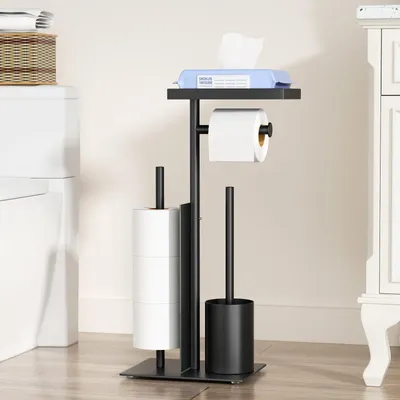 Image de Omgoods - Ensemble de toilettes 4 en 1 - Brosse WC avec support - Porte-rouleau de papier toilette - Étagère en verre - Acier inoxydable - Noir mat - Accessoires de salle de bain