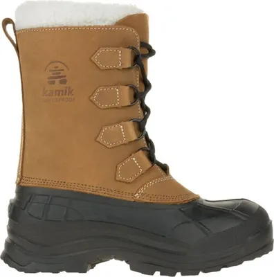 A single tan winter boot with black rubber sole and laces, set against a white background.