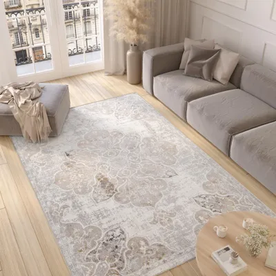 A modern living room with a large rug, sofa, ottoman, and coffee table.