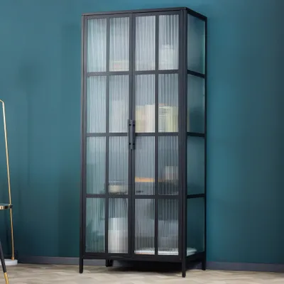 Produktbild von Industrial Vitrine DURA STEEL 180cm schwarz Metall Riffelglas Highboard