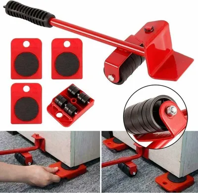Obrázek produktu pro Sada pro snadnou přepravu těžkého nábytku, zvedák nábytku s kolečky, zvedací zařízení, 1 zvedací tyč a 4 přepravní kolečka, do 300 kg