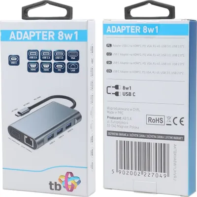Image de TB Touch USB C 8in1 - HDMI 2x, USB, VGA, RJ45, PD