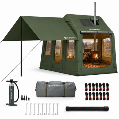 Produktbild von CITYSPORTS Aufblasbares Zelt für 4 Personen, Luftzelt 315 × 246 × 220 cm mit Tarp, Kaminöffnung, 2 Dachfenstern, 300D Oxford und Handpumpe