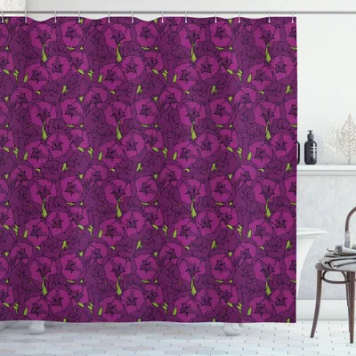 Obrázok produktu pre ABAKUHAUS Kvetinová sprchová záves, vzor tulipánov, detailné usporiadanie jarných okvetných lístkov, romantický dizajn, 175 x 180 cm, fialová a zelená