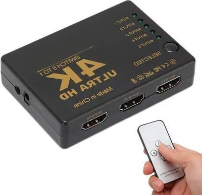 Imagen del producto de Divisor/conmutador HDMI de alta definición 4K x 2K a 30Hz, con convertidor de video y control remoto, compatible con HDTV, DVD y proyectores.