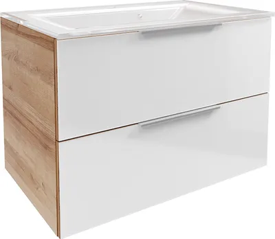 Produktbild von B.Brillant Waschbeckenunterschrank inklusive weißem Waschbecken aus Glas Hängend und Front aus lackiertem Glas Badschrank in Weiß & Eiche (80 x 56 x 50 cm)