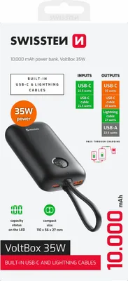 Product packaging for a power bank, showing the product and its features.