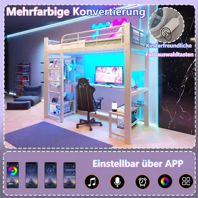 Produktbild von okwish Jugendbett 90×200 mit integriertem Schreibtisch und LED,Hochbett mit Stauraumregal und Wäschetrocknungsstange,Weiß,ohne Matratze