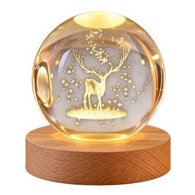 Produktbild von 3D Kristallkugel Nachtlicht Holzsockel Kugellampe Glaskugel mit LED Kristallkugel Lampe Warmes Licht Weihnachtsdeko