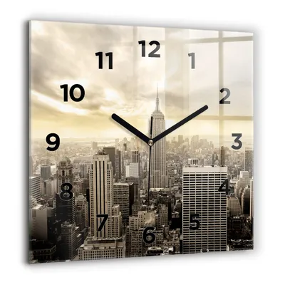 Produktbild von Wallfluent Große Wanduhr – Stilles Quarzuhrwerk - Uhr Dekoration Wohnzimmer Schlafzimmer Küche - Zifferblatt - schwarze Zeiger - 60 cm - Wolkenkratzer in New York