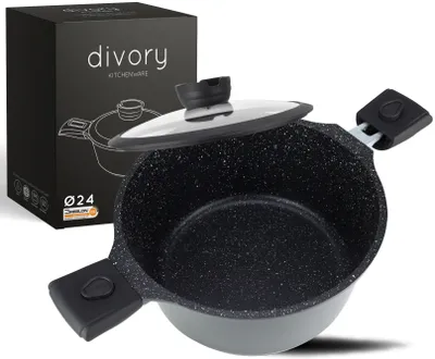 A black speckled pot with a glass lid and black handles is shown next to its packaging box.
