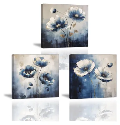Canvas-Set 3er, Blumen-Motiv, 30x30 cm, Blau-Weiß
