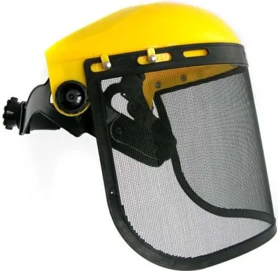 A yellow and black face shield with a mesh visor, shown against a white background.