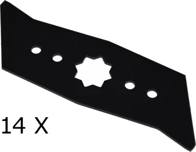 A black lawn mower blade with a star-shaped cutout in the center and several circular holes.