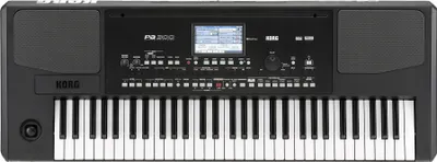 A black Korg PA300 keyboard is shown from a front-facing, slightly elevated angle against a black background.