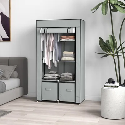 Produktbild von SUGIFT Stoffschrank Vliesstoff, Kleiderschrank Stoff faltbar, 1 Kleiderstange 2 Schubladen, Hellgrau | Stahlrahmen | 5 Fächer | 83 x 42,5 x 162,5 cm